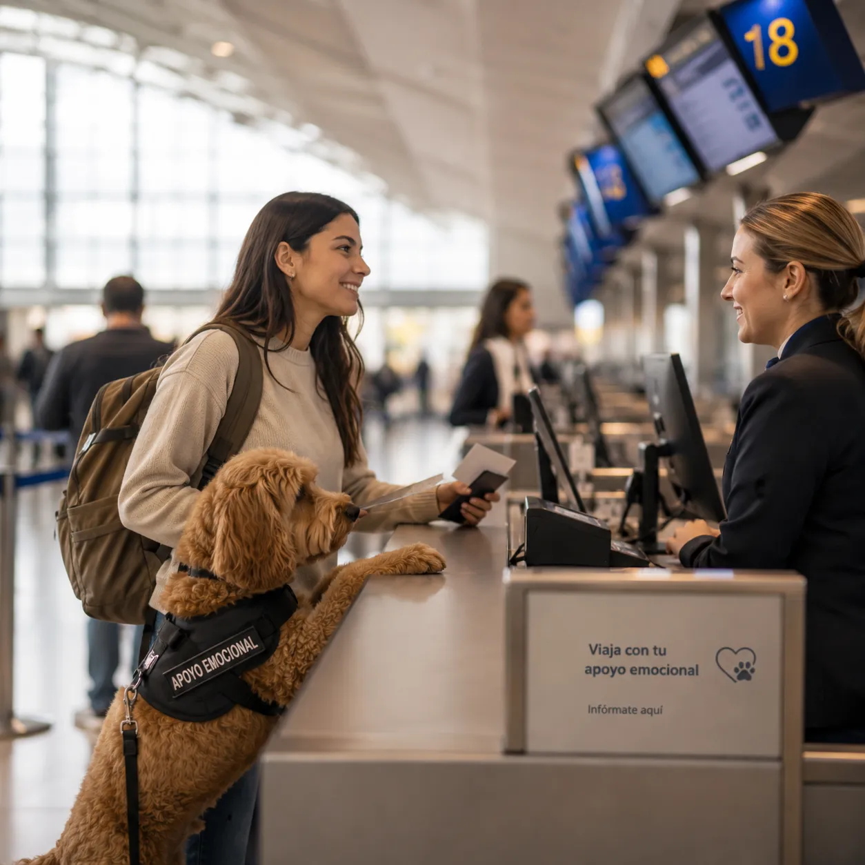 Una persona con su perro de apoyo emocional en el counter del aeropuerto, lista para viajar