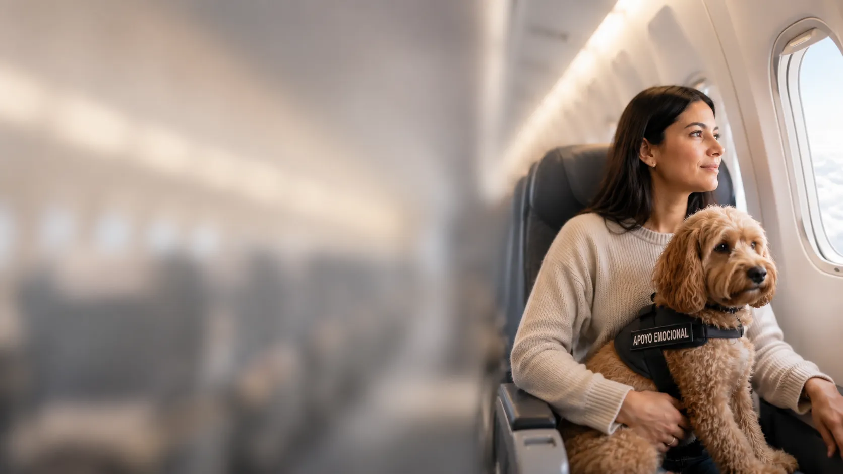 Mujer viajando en la cabina de un avión con su perro de apoyo emocional, que lleva un chaleco identificativo